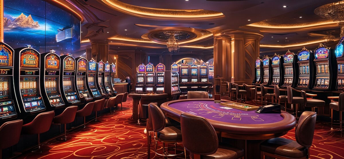 Eleganter Casino-Saal mit violettem Spieltisch im Vordergrund und beleuchteten Spielautomaten.