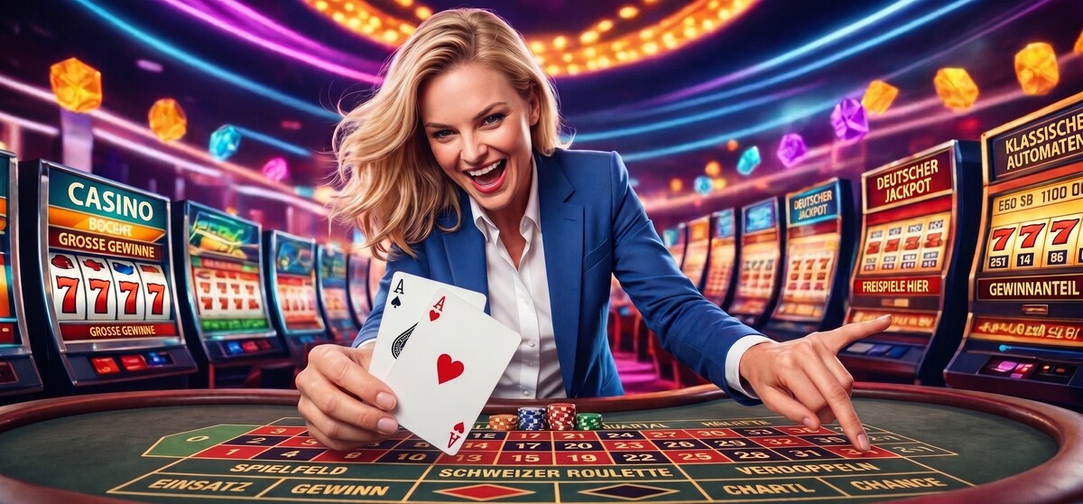 Eine lächelnde Frau in einem blauen Blazer hält zwei Asse an einem Roulette-Tisch in einem beleuchteten Casino mit Spielautomaten im Hintergrund.