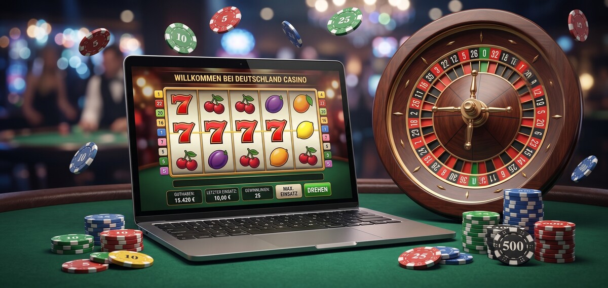 Ein Laptop mit einem virtuellen Slot-Machine-Spiel steht neben einem Holz-Rouletterad und mehreren Stapeln Casino-Chips auf einem grünen Filztisch.