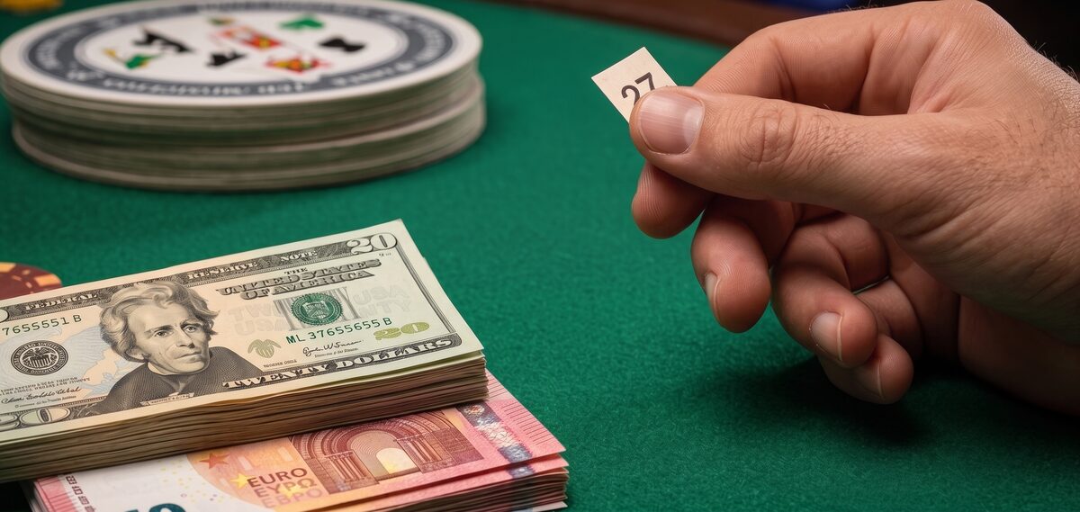 Eine Hand hält ein kleines Kärtchen mit der Nummer 27 über einem grünen Spieltisch mit Stapeln von US-Dollar- und Euro-Geldscheinen.