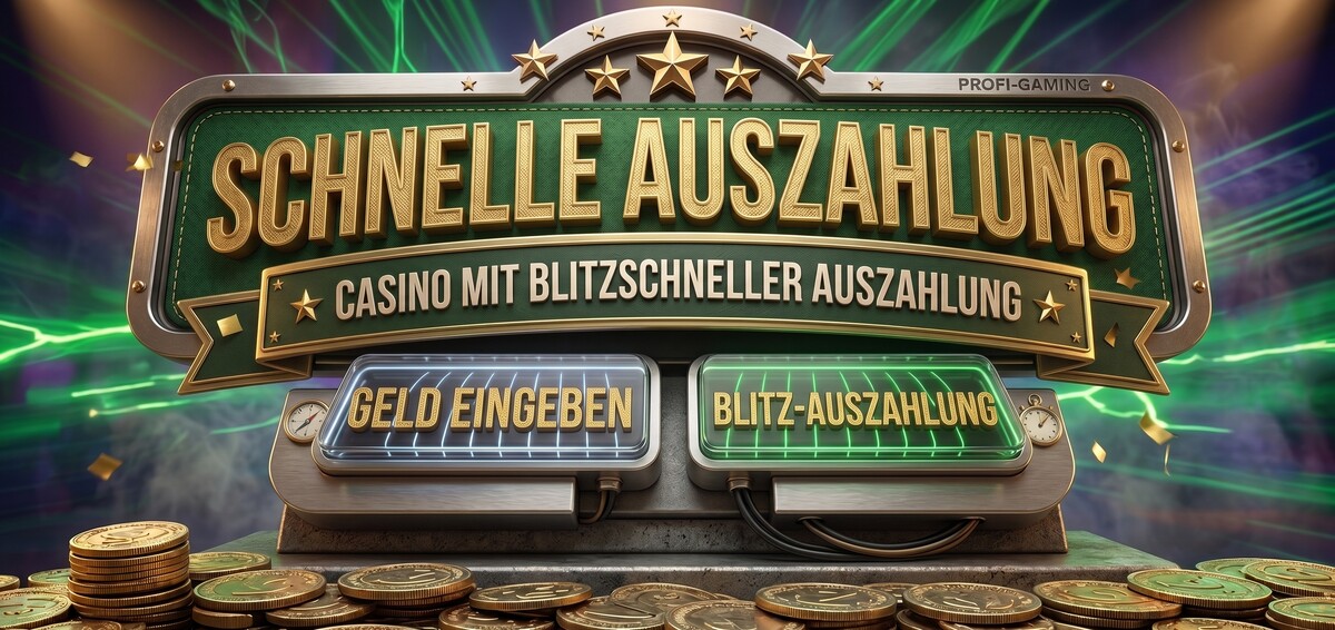 Ein metallisches Schild im Casino-Stil mit der Aufschrift „SCHNELLE AUSZAHLUNG“ und zwei leuchtenden Schaltflächen über einem Haufen Goldmünzen.