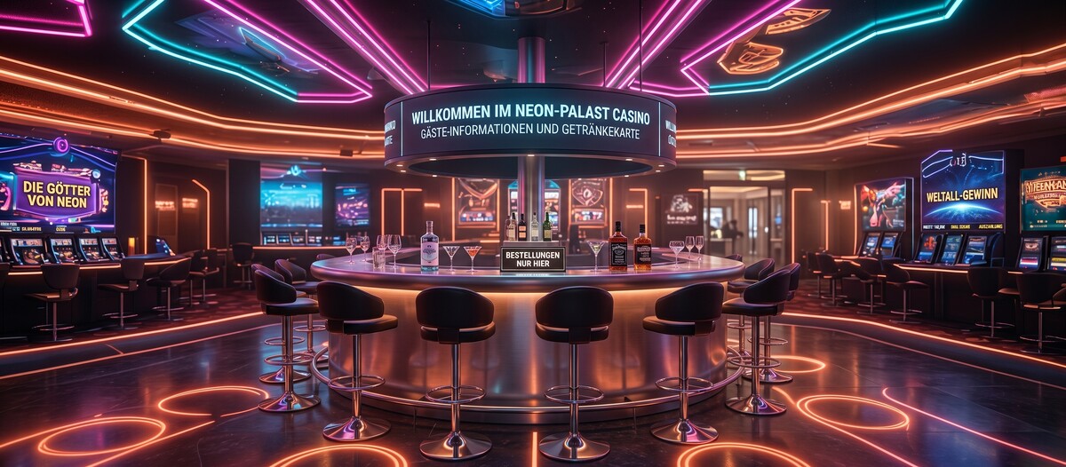 Ein futuristisch beleuchtetes Casino namens „Neon-Palast“ mit einer kreisförmigen Bar in der Mitte, Barhockern und Slot-Automaten im Hintergrund.